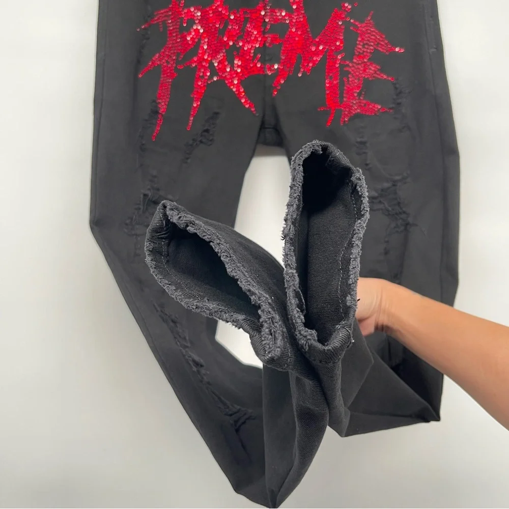 Preme Jeans Men’s Size 36x33 Black Distressed with Red Bedazzled Logo Grunge